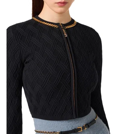 Elisabetta Franchi Diamond Knit Cardigan With Black Jewel Detail In Black