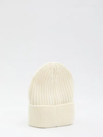 Moncler Grenoble Logo Beanie In White Soft Virgin Wool In Neutral