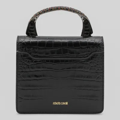 Roberto Cavalli Crocodile Texture Cross-body Bag With Chain Strap In Black