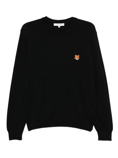 Maison Kitsuné Wool Crewneck Sweater Featuring Fox Design In Black