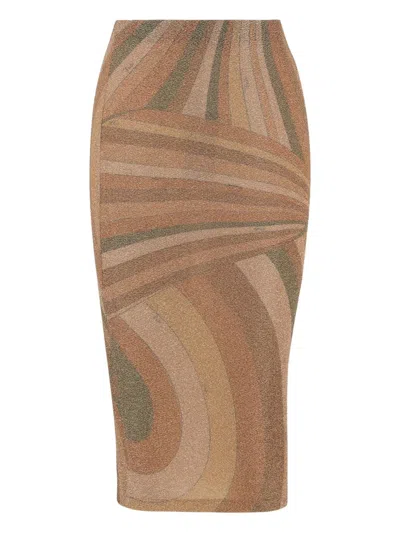 Pucci Abstract Patterned Midi Skirt With Elastic Waistband In Brown