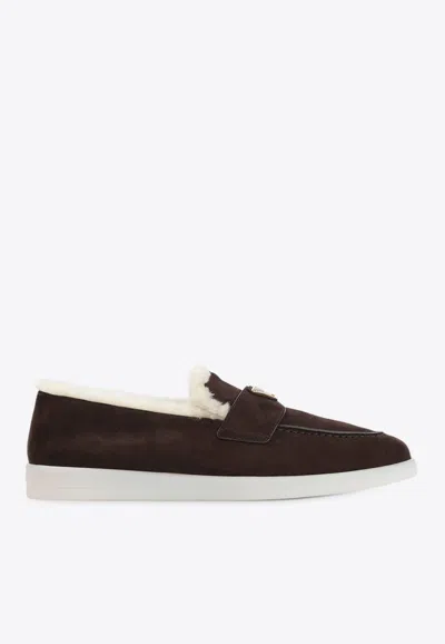 Prada Suede Shearling Loafers In Brown