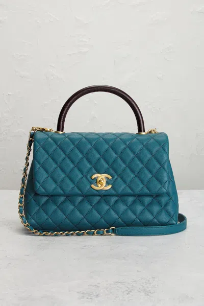 Pre-owned Chanel Lizard Trimmed Caviar Coco Top Handle Bag In Blue