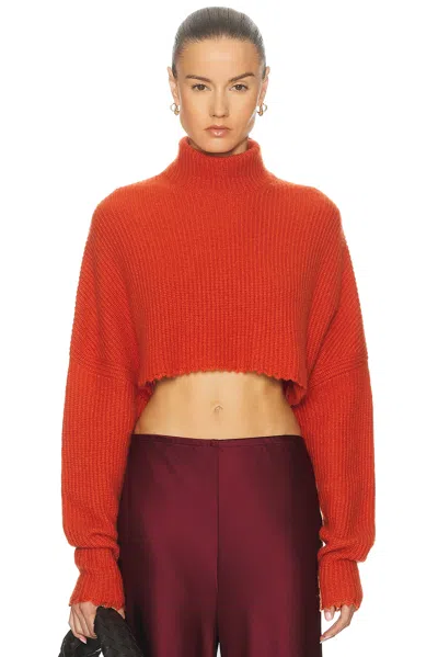 Lapointe Airy Cashmere Silk Ribbed Fray Hem Crop Turtleneck Sweater In Red