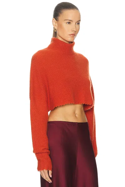 Lapointe Airy Cashmere Silk Ribbed Fray Hem Crop Turtleneck Sweater In Red