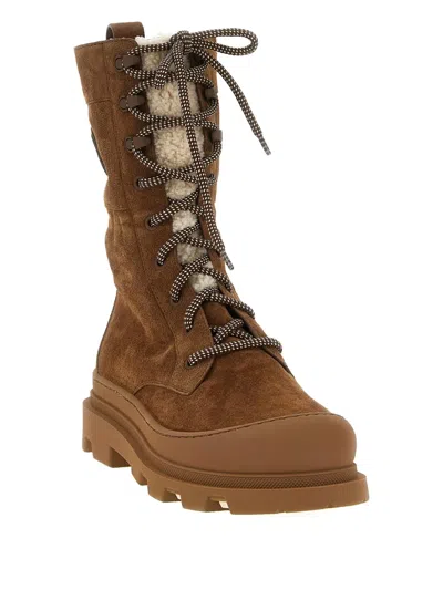 Moncler Vera High Shearling-trimmed Suede Mid-calf Boots In Brown