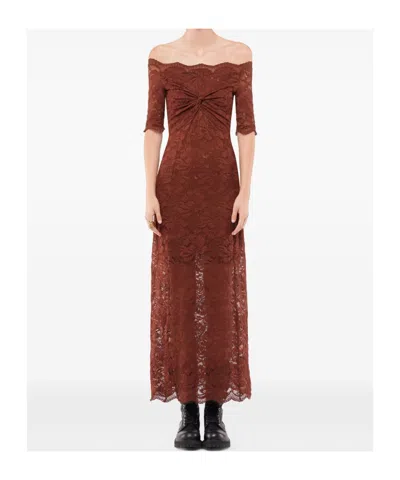 Rabanne Off-the-shoulder Brown Midi Dress With Twisted Knot Detail In Multi