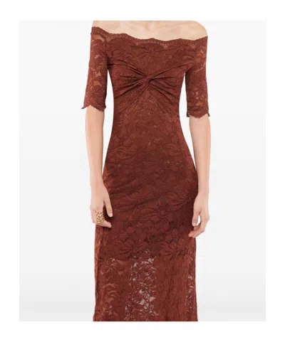 Rabanne Off-the-shoulder Brown Midi Dress With Twisted Knot Detail In Multi