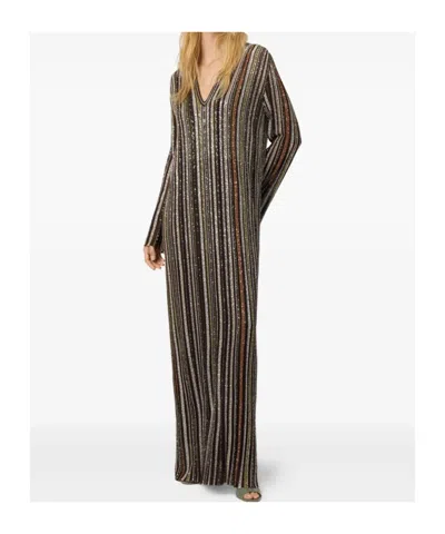 Missoni Long Dress With V-neck And Herringbone Stripe Knit In Multi