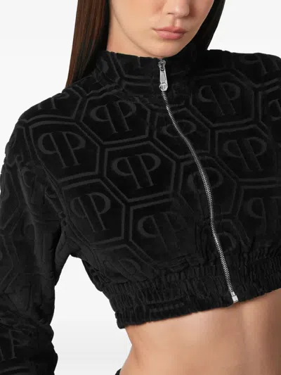 Philipp Plein Cropped Tracksuit Jacket Jacquard Monogram In Black