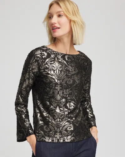 Chico's Art Deco Burnout Jacquard Top In Black In Black