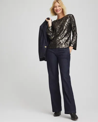 Chico's Art Deco Burnout Jacquard Top In Black In Black