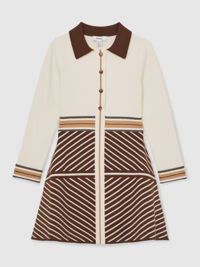 Reiss Chocolate Zana Stripe-detail Collared Knit Dress In Brown