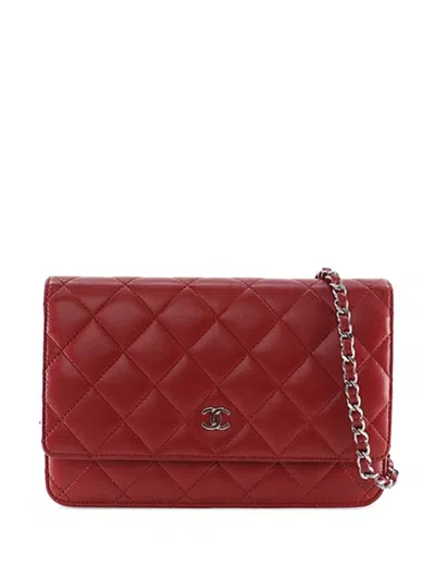 Pre-owned Chanel 2014-2015 Cc Quilted Lambskin Wallet On Chain Crossbody Bag In Red
