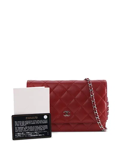 Pre-owned Chanel 2014-2015 Cc Quilted Lambskin Wallet On Chain Crossbody Bag In Red