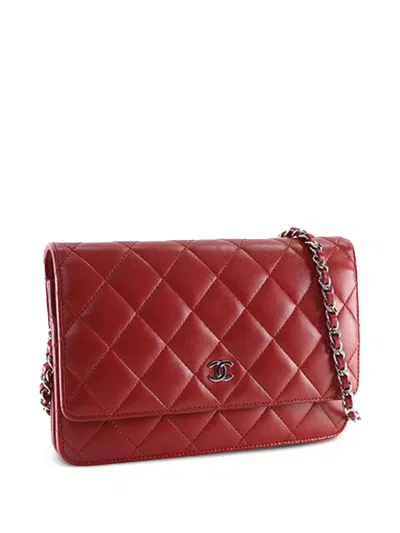 Pre-owned Chanel 2014-2015 Cc Quilted Lambskin Wallet On Chain Crossbody Bag In Red