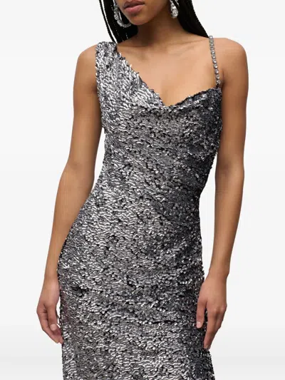 Area Crystal-strap Sequin Gown In Silver