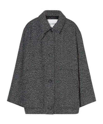 Closed Herringbone-pattern Button Coat In Gray