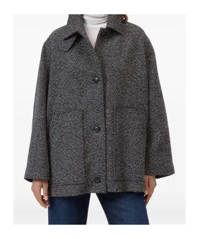 Closed Herringbone-pattern Button Coat In Gray