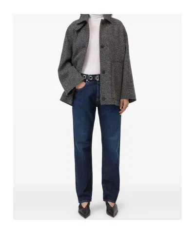 Closed Herringbone-pattern Button Coat In Gray