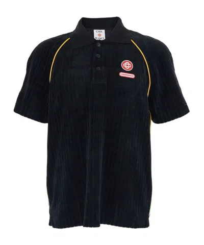 Casablanca Ribbed Collar Corduroy Polo Shirt With Short Sleeves In Black