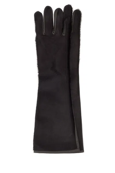 Loulou De Saison Dark Brown Leather And Calf Hair Edna Gloves In Brown