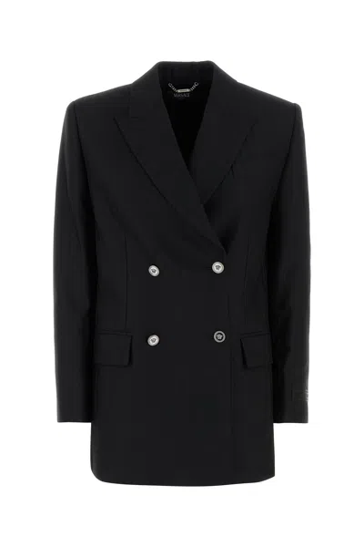 Versace Longline Wool Blazer Featuring Structured Shoulders In Black