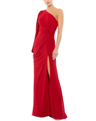 Mac Duggal Ruched Jersey Drop-shoulder Faux Wrap Gown In Red