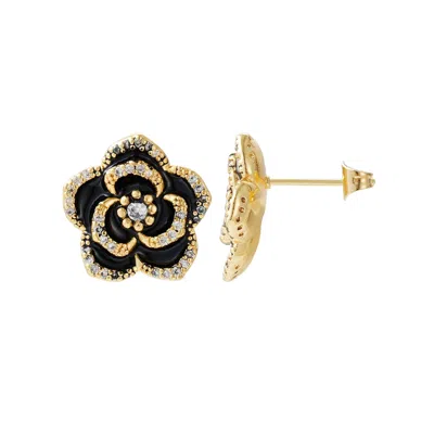 Adornia Cubic Zirconia Black Enamel Floral Stud Earrings In Gold