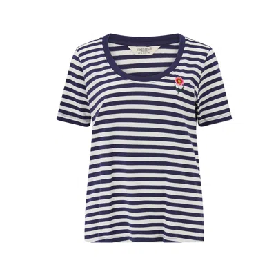 Sugarhill Brighton Women's Blue / White Sylvie Scoop Neck T Shirt White, Navy, Stripe & Folk Flower In Blue