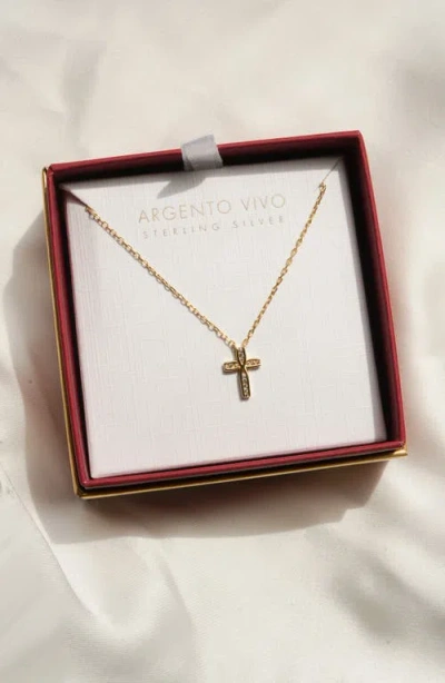 Argento Vivo Sterling Silver Cubic Zirconia Cross Pendant Necklace In Gold