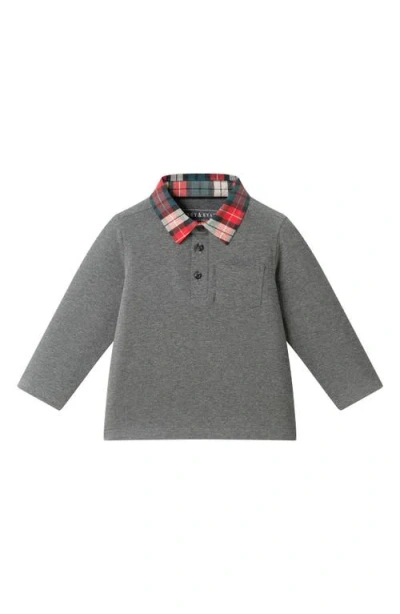 Andy & Evan Long Sleeve Stretch Cotton Polo & Drawstring Pants Set In Gray