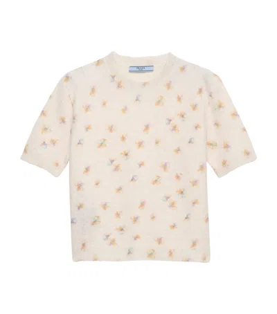 Prada Womens Yellow Floral-intarsia Short-sleeved Wool Jumper In White