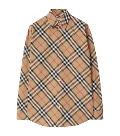 Burberry Women Beige Shirt With Classic Collar And All-over Check Motif In Cotton Woman In Brown