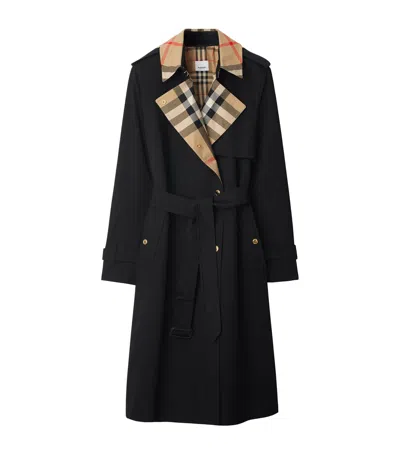 Burberry Gabardine Check-collar Long Trench Coat In Black