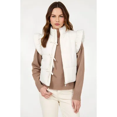 Modenaire Ruffle Shoulder Puffer Vest With Front Tie Closures And Stand Collar In White