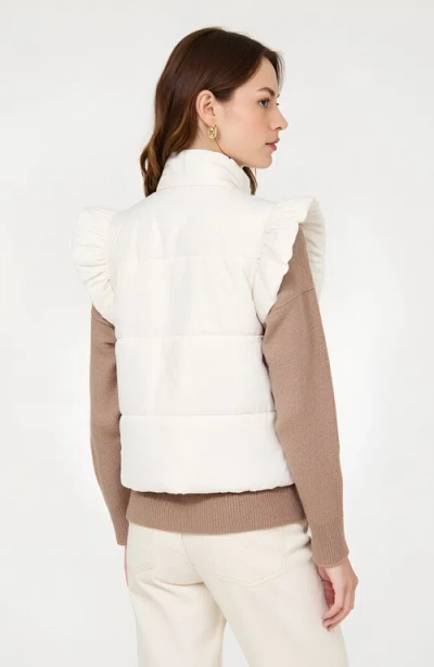 Modenaire Ruffle Shoulder Puffer Vest With Front Tie Closures And Stand Collar In White