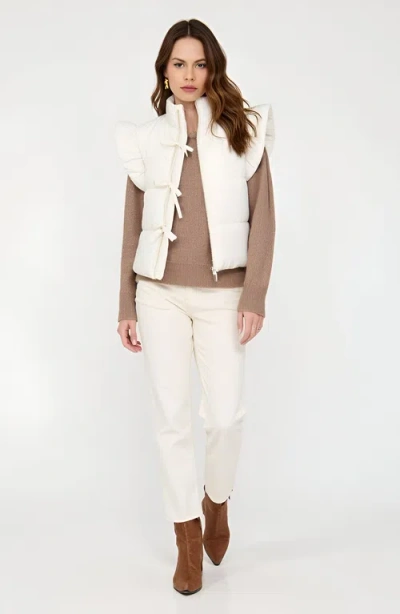 Modenaire Ruffle Shoulder Puffer Vest With Front Tie Closures And Stand Collar In White
