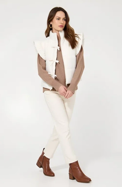 Modenaire Ruffle Shoulder Puffer Vest With Front Tie Closures And Stand Collar In White