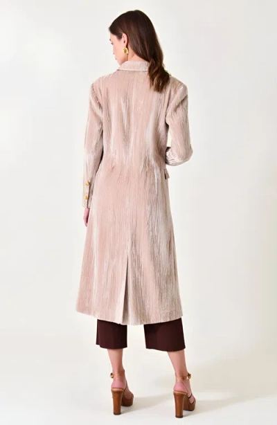 Modenaire Velvet Double-breasted Coat With Structured Lapels And Buttons In Neutral