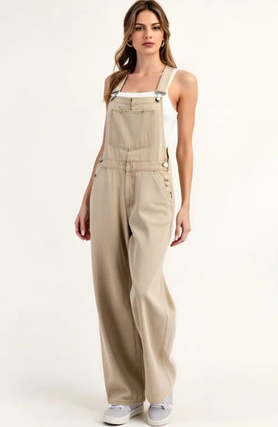 Modenaire Wide Leg Overalls With Adjustable Straps And Side Button Detail In Neutral