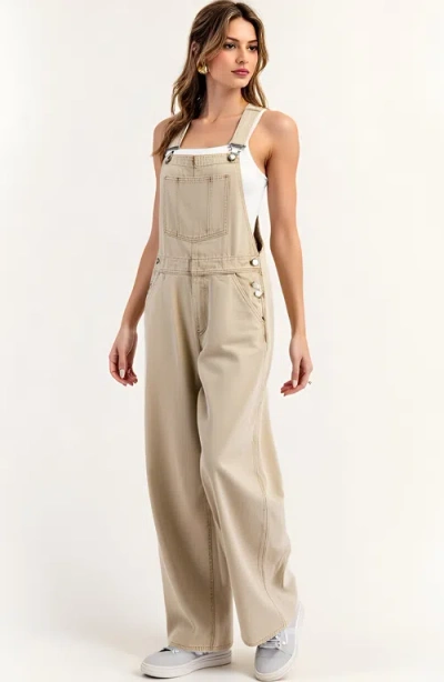 Modenaire Wide Leg Overalls With Adjustable Straps And Side Button Detail In Neutral