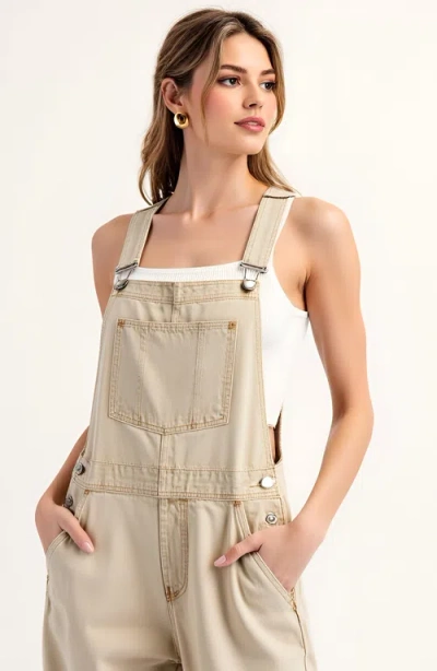 Modenaire Wide Leg Overalls With Adjustable Straps And Side Button Detail In Neutral