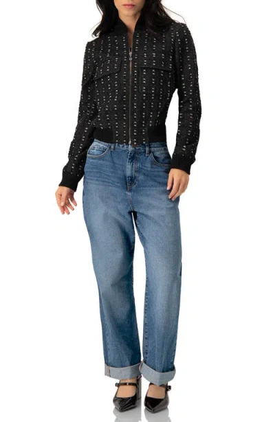 Ivonne Textured Denim Bomber Jacket With Front Zip In Black