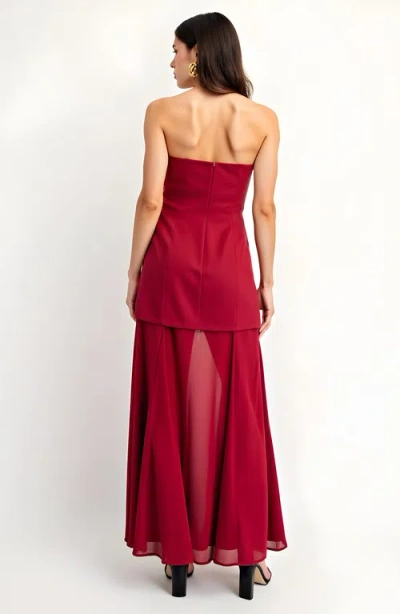 Modenaire Strapless Evening Gown With Sheer Panel Skirt And Fitted Bodice In Red