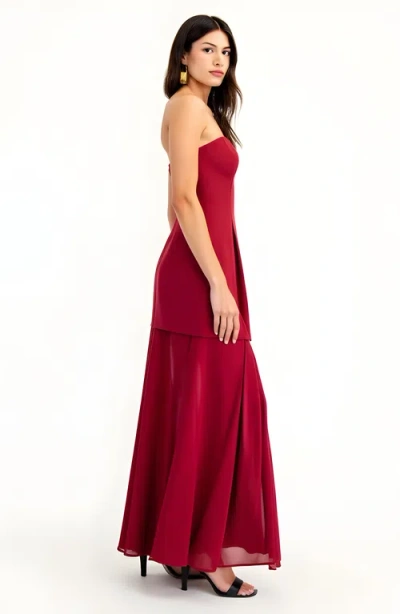 Modenaire Strapless Evening Gown With Sheer Panel Skirt And Fitted Bodice In Red