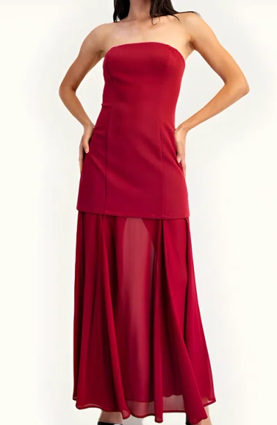 Modenaire Strapless Evening Gown With Sheer Panel Skirt And Fitted Bodice In Red