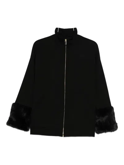 Semicouture Zip-up Jacket With Plush Fur Cuffs In Black