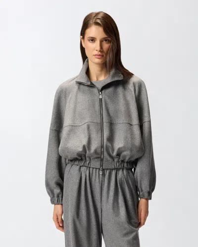 Pinko Consuelo Grey Cropped Jacket With High Neck And Elastic Trims In Wool Blend Stretch Woman In Brown