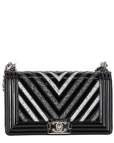 Pre-owned Chanel Black Patent Leather Medium Boy Glittered Shoulder Bag (authentic Pre-  Loved)